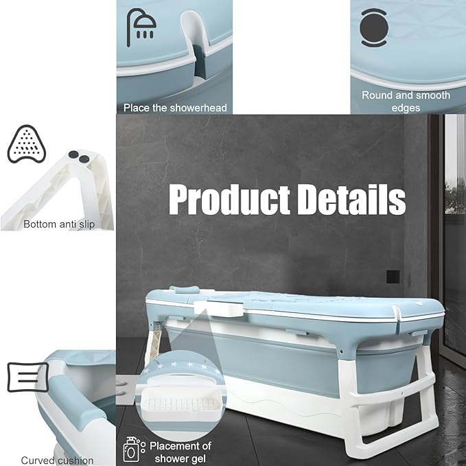 Portable Bathtub for Adult, Large Collapsible Tub, Portable Tub for Adults, Tub for Shower, Sweat Steaming Spa Sweat Steaming Bathtub, Effortless Folding Bathtub, Hot Bath, Ice Bath (Blue 50'')