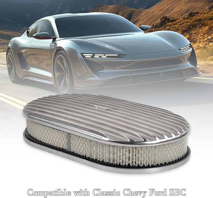 15" Air Cleaner Kit Polished Aluminum Oval Full Finned Retro Compatible - Image 7
