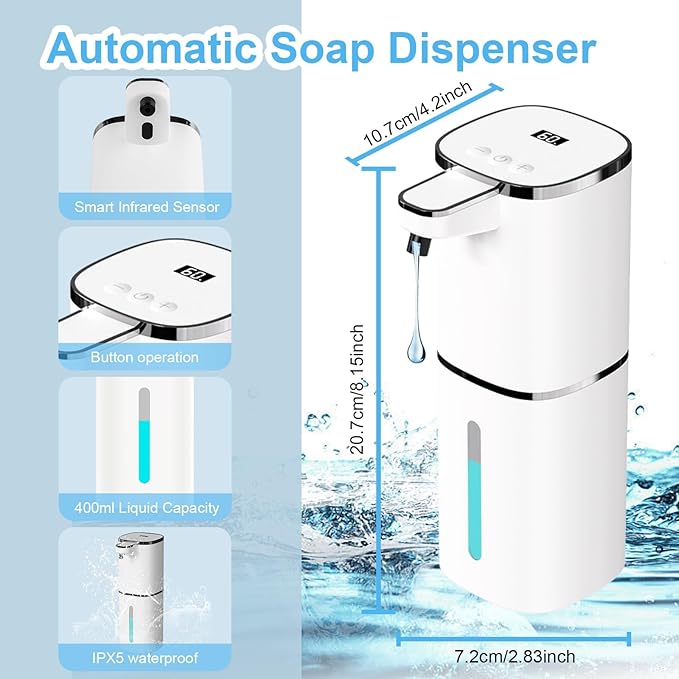 Automatic Liquid Soap Dispenser Touchless, USB Rechargeable Smart Hand Soap Dispenser, 9-Level Adjustable, Physical Button Operation, 13.5oz/400mL Wall Mounted for Bathroom Kitchen Dish Soap
