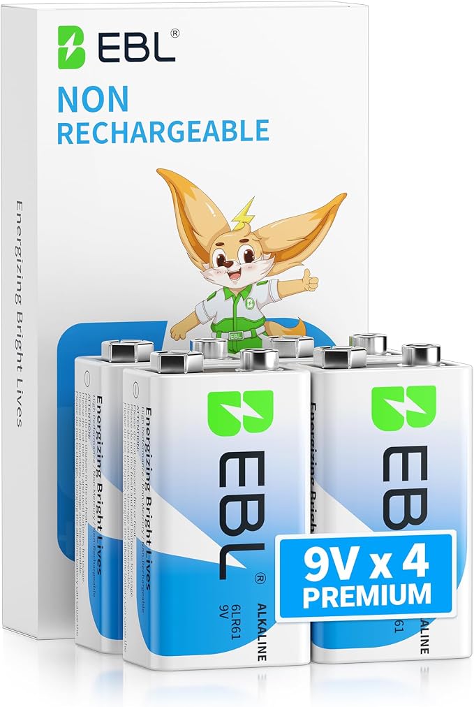 EBL 9 Volt Batteries 4 Pack, 9V Batteries Alkaline Power Ultra Long Lasting by EBL