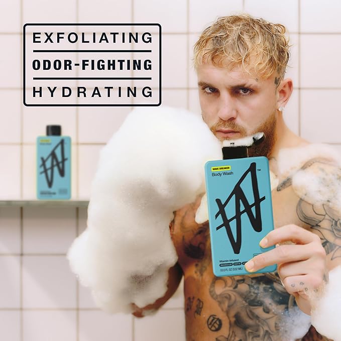 W By Jake Paul Body Wash for Men, Exfoliating Shower Gel with Jojoba Oil, Deep Clean Hydrating Mens Bodywash, Wave Breaker Scent, 18 fl oz