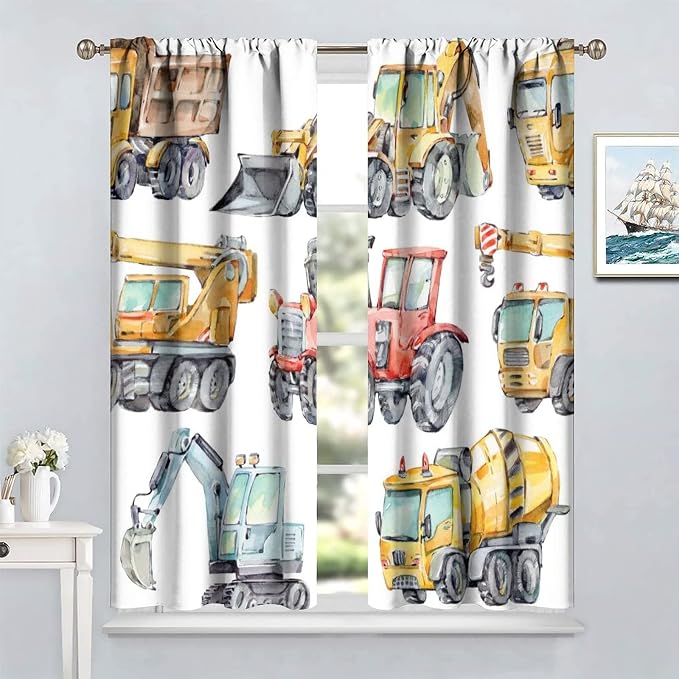 Kids Excavator Curtains, Retro Truck Tractor Machinery Construction Vehicle - Image 2