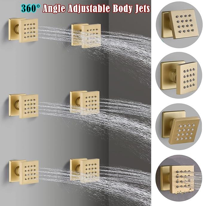 Brushed Gold Triple Shower Heads Shower System with 12"+8"+8" Top Shower Heads, Digital Display Shower Valve, Body Jets and Handheld Shower,Full Body Shower System
