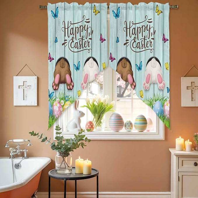 Swag Curtain Valances for Kitchen Windows, Happy Easter Bunny Butt Egg Floral - Image 5