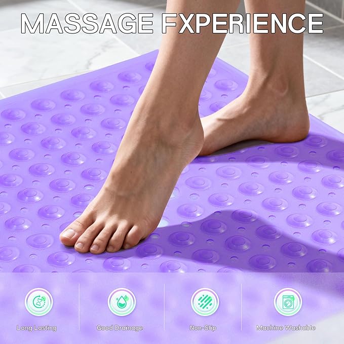 Anti-Slip Bathtub Shower mat, 20.8×20.8（Approximately 53×53cm） inch Soft Oversized Machine Washable Non-Slip Bathtub mat with Drainage Holes, Bathroom Floor Suction Cup.（1- Clear Purple）