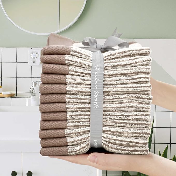 Cleanbear Wash Cloths 12 Pack, Jacquard Weaved Cotton Washcloth for Body and Face, 13.5 by 13 Inches Soft Face Towels for Sensitive Skin (Light-Brown)