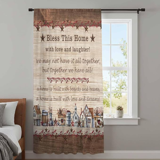Farmhouse Sheer Curtains 84 Inch Length Brown Country Star Berry Vintage Wood - Image 4