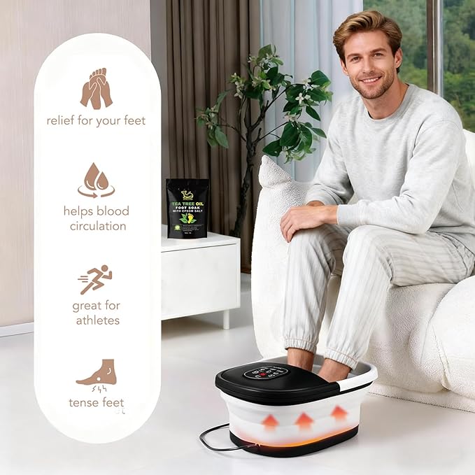 Collapsible Foot Spa Bath Massager with Heat Bubbles and Vibration Massage and Jets, 16oz Tea Tree Oil Foot Soak Epsom Salt, WHALSTAR Foot Bath Bucket With Red Light & Remote