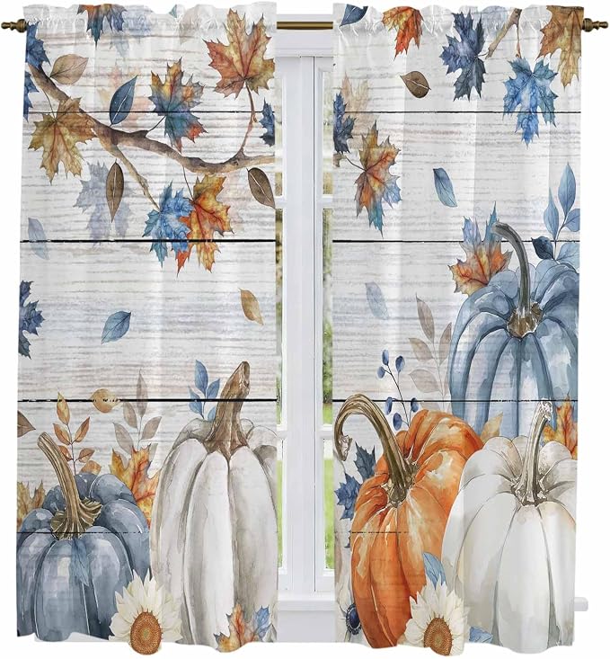 Thanksgiving Pumpkin Window Curtains 63 Inch Long 2 Panel Set, Rod Pocket - Image 2