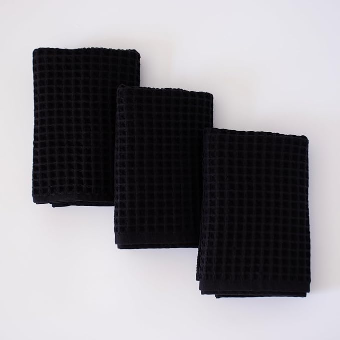 PÜSKÜL Organic Waffle Hand & Kitchen Towel 100% Turkish Cotton Set of 3 Black - Premium Quality, Soft, Quick-Dry, Absorbent, Lint-Free Waffle Weave Towels (3, Black)
