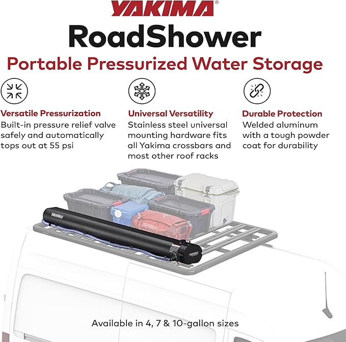 Yakima RoadShower Portable Aluminum Pressurized Water Storage with Garden Hose Adapter and 2 Outlet Water Ports