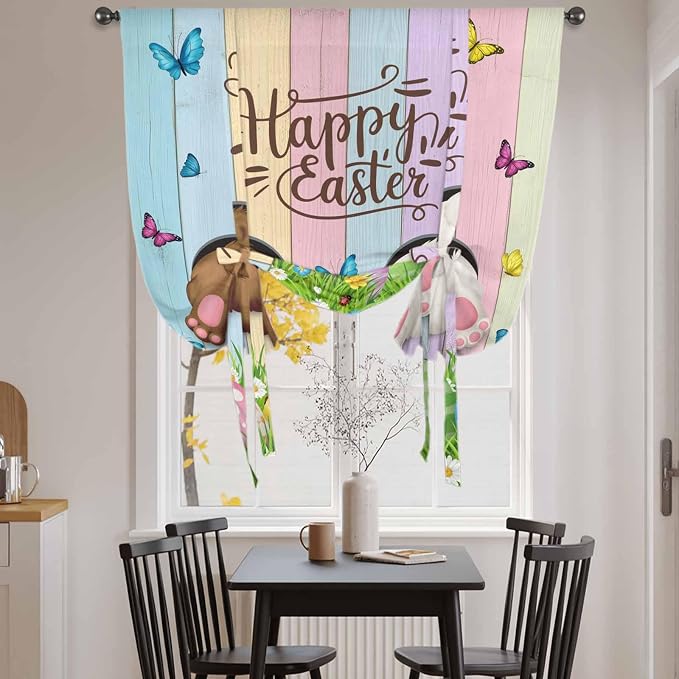 Tie Up Curtains, Happy Easter Rabbit Butt Egg on Daisy Leaf Adjustable Rod by Unknown