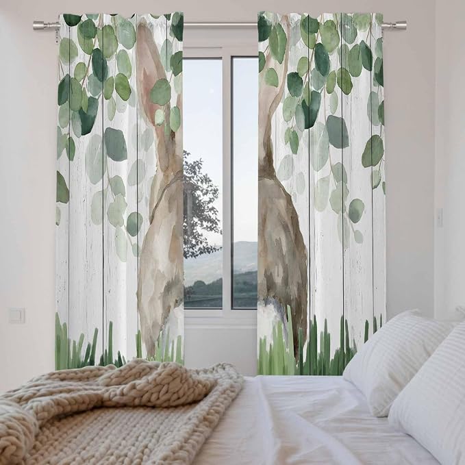 Easter Kitchen Curtains, Country Rabbit Botanical Leaves Wooden Grain Light - Image 4