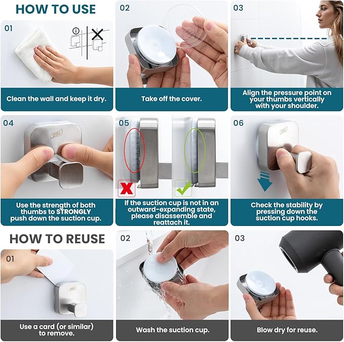 TAILI Thickened 304 Stainless Steel Bathroom Suction Hook for Towel, Loofah, Bathrobe, Patented Strong Suction Cup Holder, Damage-free Hanging Glass Shower Wall Hook, Hold Up to 11 Lbs, 2 Pack, Silver