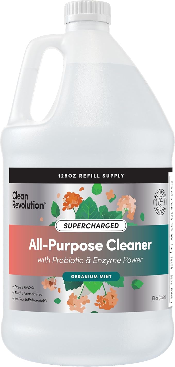 Clean Revolution SuperCharged All Purpose Cleaner, Refill Supply, Non-Toxic, Eco-Friendly & Plant-Based, Ready to Use, Geranium Mint, 128 Fl Oz