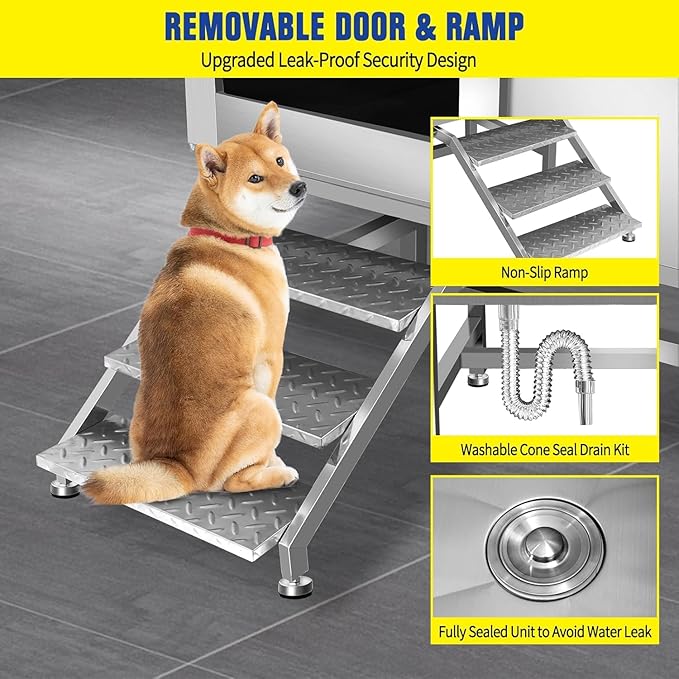 50 Inch Stainless Steel Dog Washing Station, Professional Grooming Tub with Stairs for Large Dogs, Home Bathtub for Pets with Hot & Cold Faucet