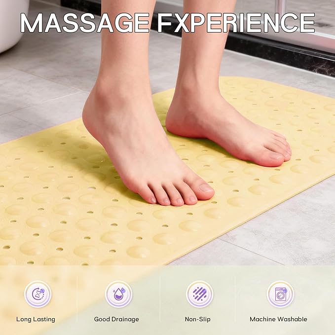 Anti-Slip Bathtub Shower mat, 39.3×15.7 inch（Approximately 100 × 40cm） Soft Oversized Machine Washable Non-Slip Bathtub mat with Drainage Holes, Bathroom Floor Suction Cup.（1-Opaque Light Yellow）