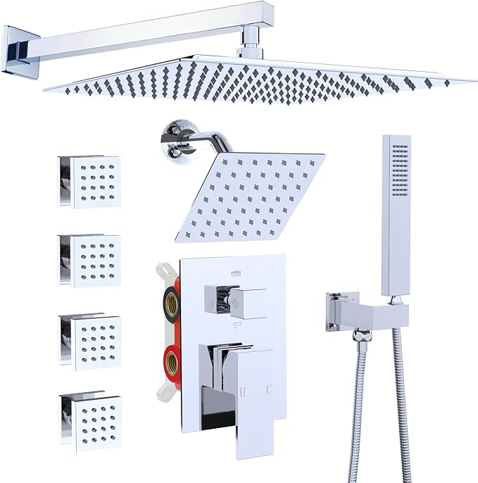 Enga Dual Shower Head System with Body Jets, 12"+ 6" Wall Mounted Dual Rain Shower Faucet with Valve Kit, Chrome