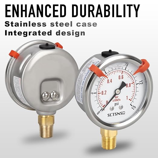 0 to 15 Psi Pressure Gauge, Glycerin Liquid Filled, 2.5 inch Dial, 1/4" NPT - Image 3