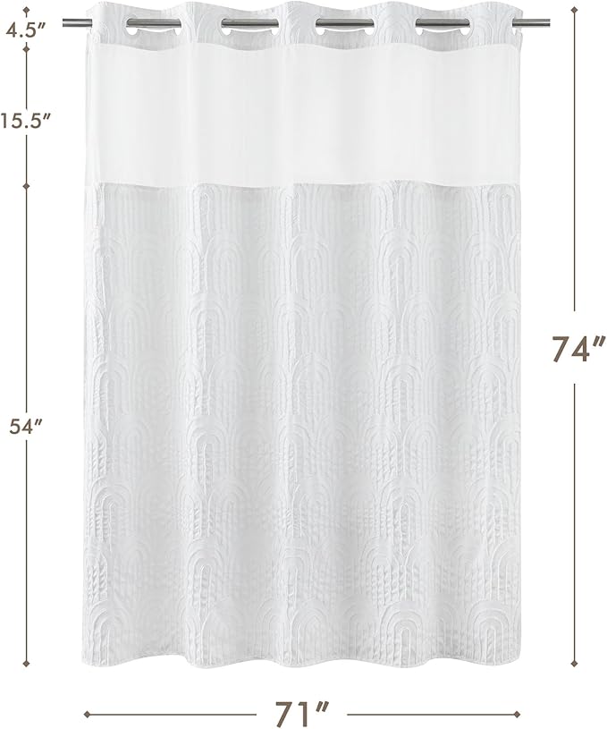 ROSERY No Hook Shower Curtain with Snap in Fabric Liner Set, Boho Farmhouse Jacquard Tufted Geometric Striped Shower Curtain for Bathroom with See Through Window, Arch Pattern, 71" W x 74" L