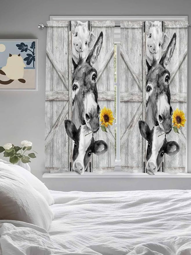 Grey Farmhouse Bedroom Curtains 63 Inches Length, Vintage Sunflowers Animals - Image 5