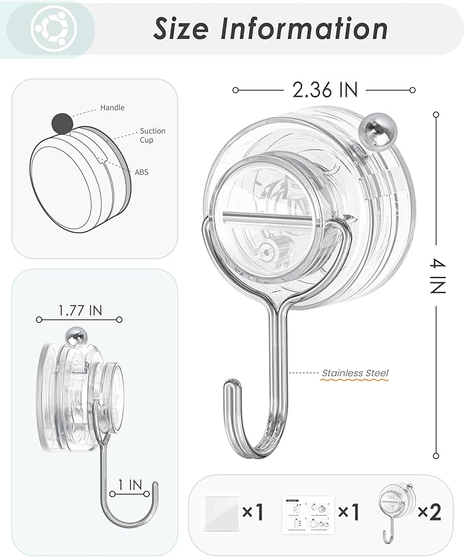 Suction Cup Hooks for Shower, Upgrade Twist-Lock Clear Suction Towel Hooks Heavy Duty Removable Bathroom Suction Hooks for Shower Tile Wall Glass Door Window 2 Pack