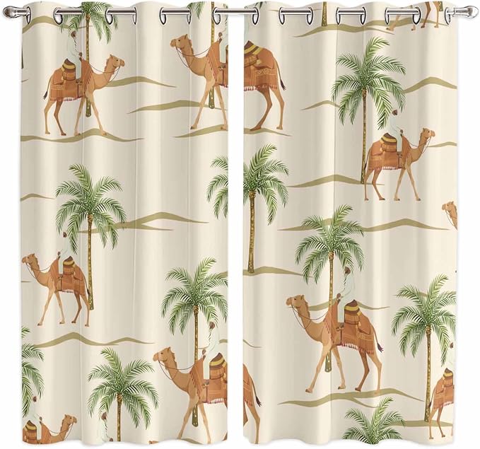 2 Panel Kitchen Cafe Curtains, Date Coconut Tree Sunlight Filtering Nature Air by Hokiten