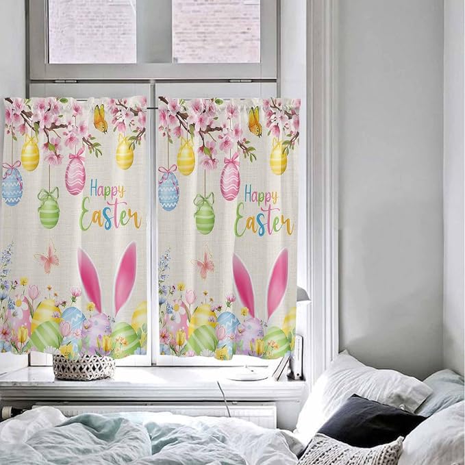Happy Easter Tier Curtains 45 Inches Long, Spring Farmhouse Bunny Eggs Flower - Image 5