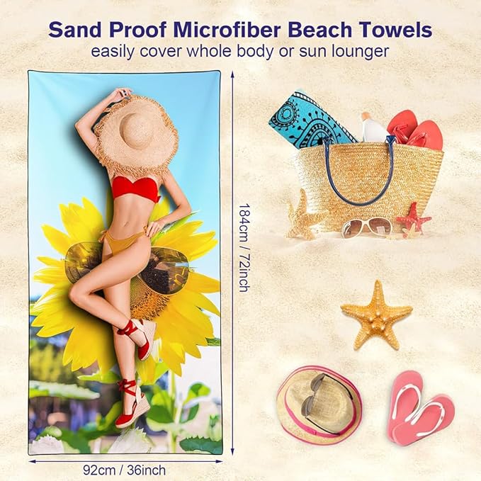 Vibrant Sunflower Beach Towel 36"x72" Quick-Dry Soft Microfiber with Sunlit Blue Sky Design