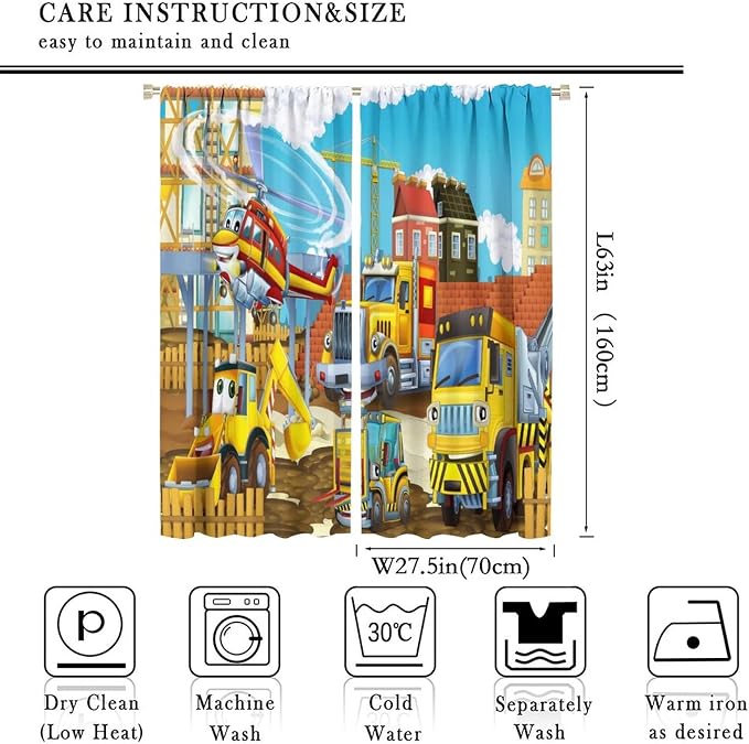 Kids Cartoon Construction Window Curtains, Funny Construction Site Cars and - Image 4