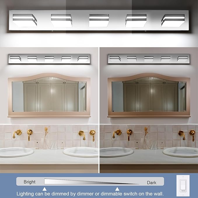 SineRise LED Modern Bathroom Vanity Light Fixtures (5-Light, 40-Inch, Dimmable), Chrome Modern Acrylic Bathroom Wall Lighting Fixtures Over Mirror (Cool White 6000K)