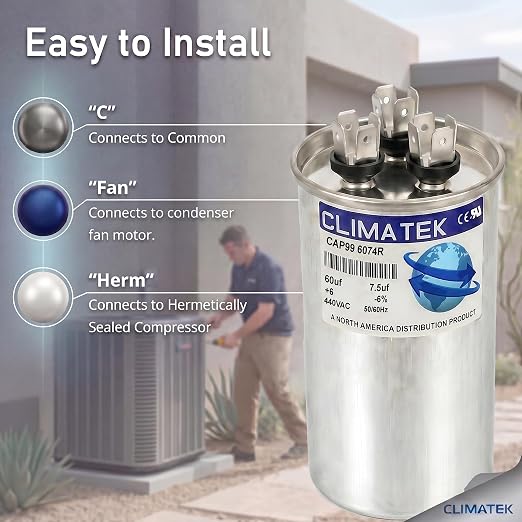 ClimaTek 60 + 7.5 MFD 370/440 Volt Dual Run Capacitor CAP99-6074R | 60/7.5 | VAC - Image 3