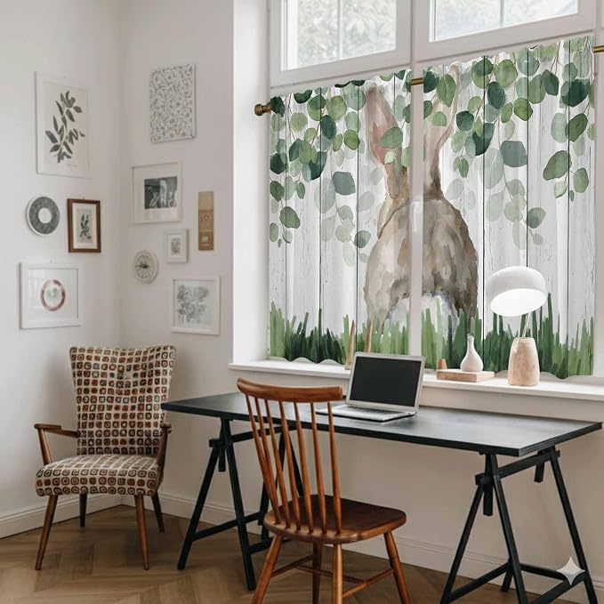 Easter Kitchen Curtains, Country Rabbit Botanical Leaves Wooden Grain Light - Image 6