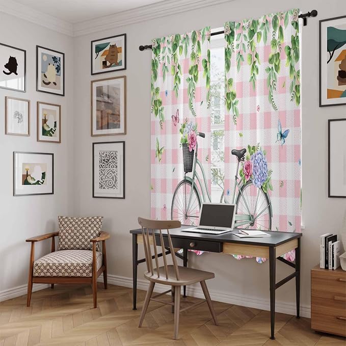 Spring Kitchen Curtains, Bicycles Leaves Butterfly Flowers Pink Buffalo Plaid - Image 6