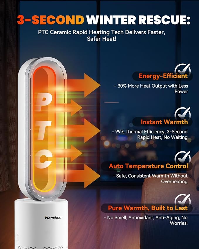 Hanchen Dual-Tech Bladeless Tower HEPA Fan, Ultra-Quiet 3-in-1 Cooling - Image 3