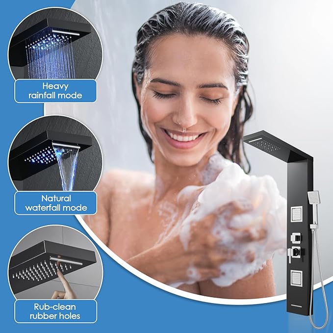 ROVOGO Shower Panel Tower System with Led Lights Rainfall Waterfall Shower Head, 2 Big Body Jets, Handheld and Tub Spout, Shower Column Stainless with Mixer Valve, Black