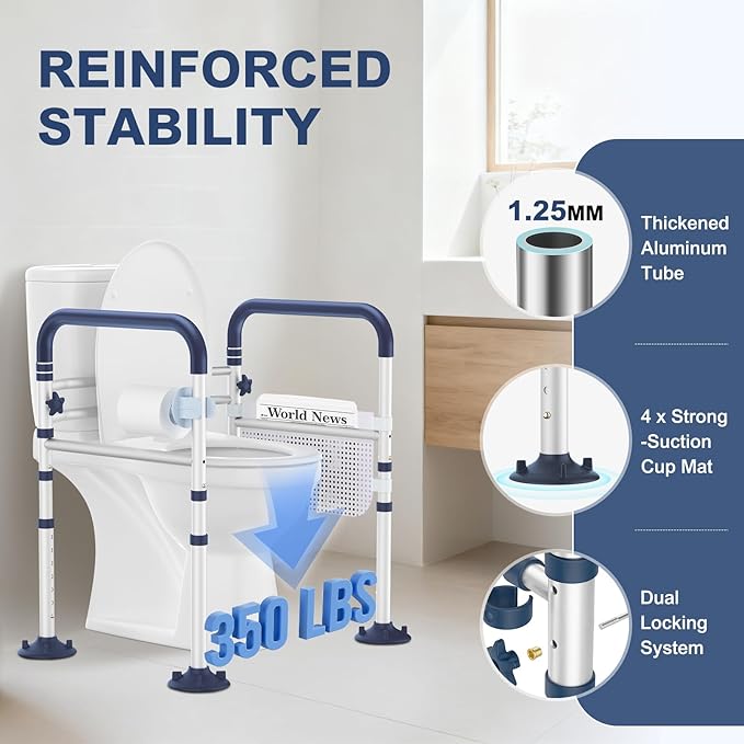 Toilet Safety Rails for Seniors, Adjustable Height & Width Toilet Rails, 350 lb Toilet Handles for Elderly and Disabled, Foldable Toilet Safety Frame, Toilet Bars Fit Any Toilets