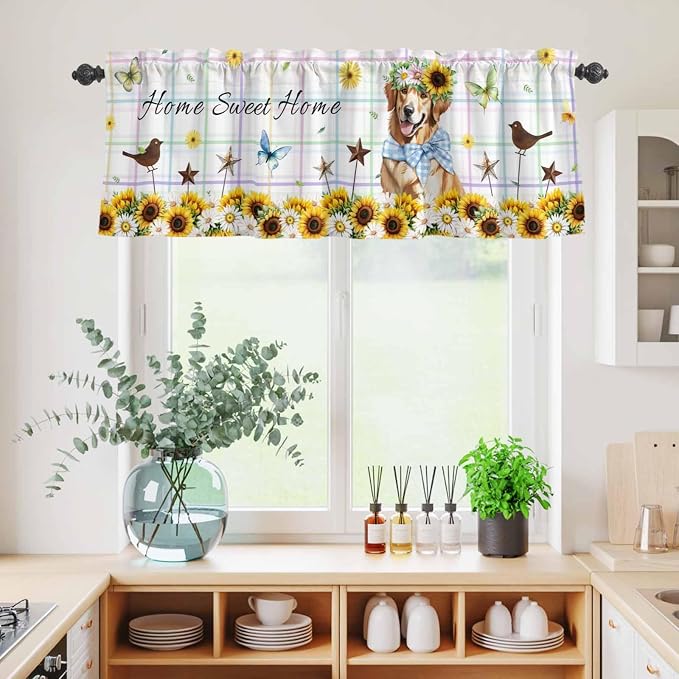 Kitchen Curtains Tiers and Valance Set of 3, Sunflowers Dog Light Filtering - Image 4
