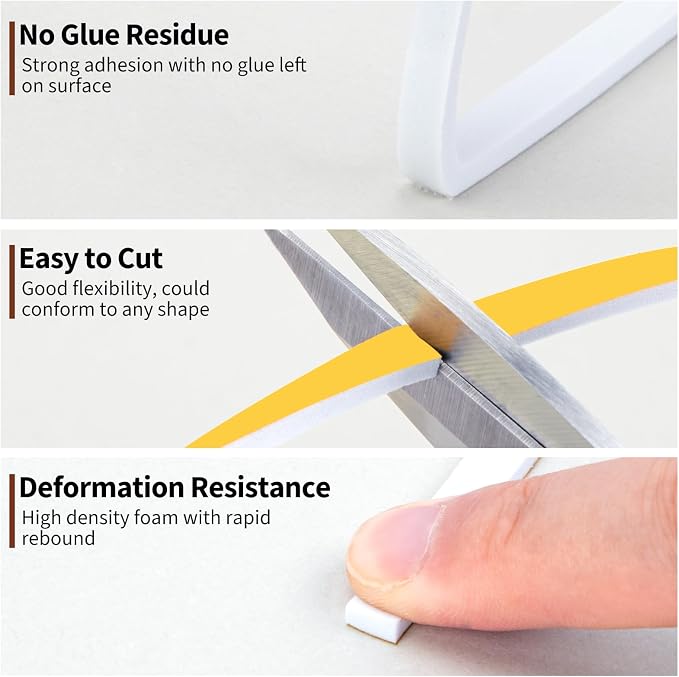 Yotache White Doors Windows Weather Stripping 1/4" x1/8", Foam Insulation - Image 6