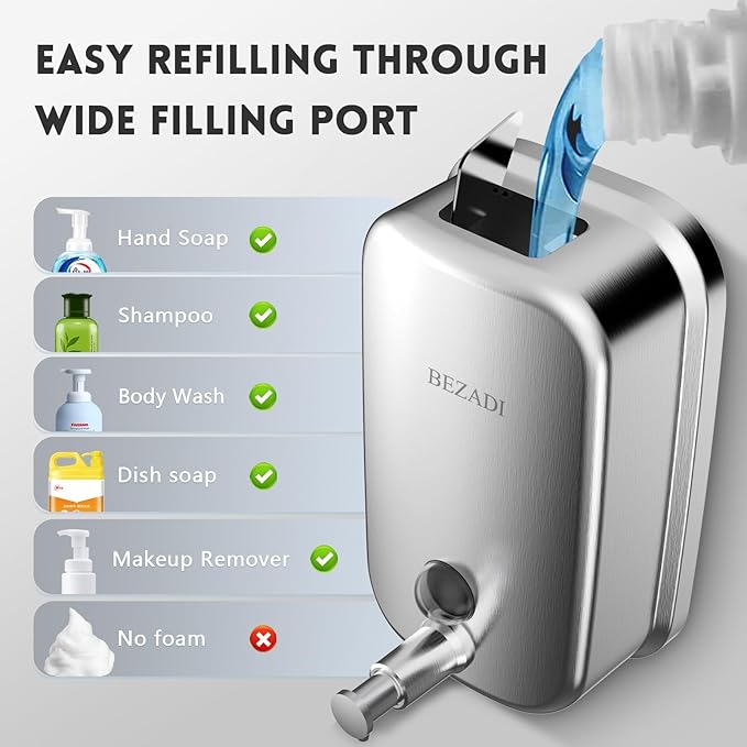Commercial Soap Dispenser Stainless Steel Wall Mount for Bathroom and Kitchen with Premium Anti-Leak Pump and Corrosion-Proof Lining 17oz/500ml 8182