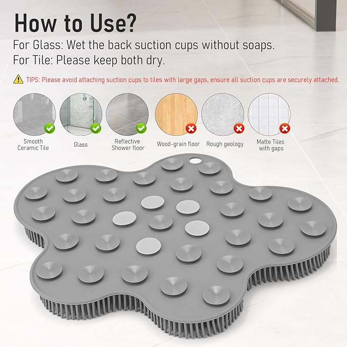 Shower Foot Scrubber Mat Silicone Back Exfoliating Cleaner, Feet Message Bath Washer Pad with Suction Cups for Wall Non-Slip - Itchy Toes Dead Skin Beauty Deep Clean Soft Bristles 14.2 * 11.2in Grey