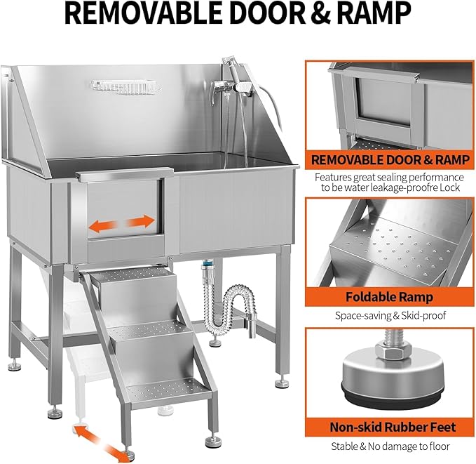 38" Professional Dog Wash Station, Stainless Steel Dog Grooming Tub for Large, Medium & Small Pets - with Anti-Slip Stairs, Drain & Door, Silver