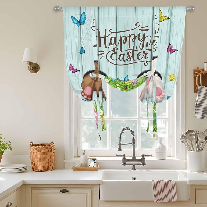 Tie Up Curtains, Happy Easter Bunny Butt Egg Floral Adjustable Rod Pocket by Unknown
