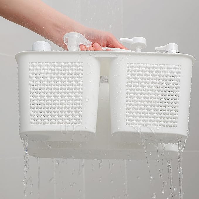UUJOLY Plastic Portable Shower Caddy Basket Bucket, Cleaning Shower Basket with Handle Compartments Storage Basket Organizer for Bathroom Kitchen College Dorm Sink, White