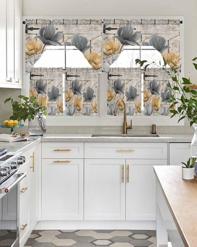 Vintage Tulip Swag Kitchen Curtains Valance and Tier Set, Farmhouse Retro Blue - Image 3