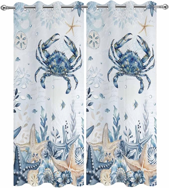 Oceans Outdoor Curtains for Patio Crabs Marine Life Shell Starfish Blue - Image 9