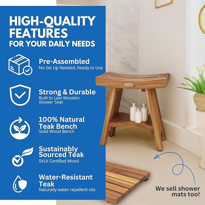 EcoDecors Serenity Teak Wood Shower Bench, 18", Fully Assembled + 4 Pack Teak Care Bundle