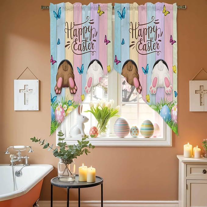 Swag Curtain Valances for Kitchen Windows, Happy Easter Rabbit Butt Egg on - Image 4