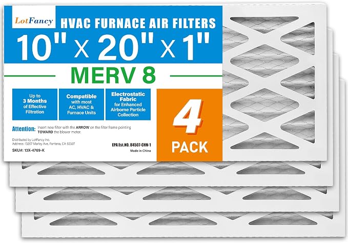 LotFancy 10x20x1 Air Filter MERV 8 4-Pack, Electrostatic Pleated Furnace & AC by LotFancy