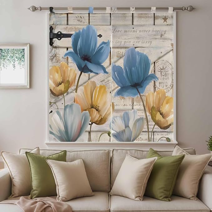 Blue Yellow Tulips Bathroom Curtains 63 Inch Length, Window Curtains Tab Top - Image 9
